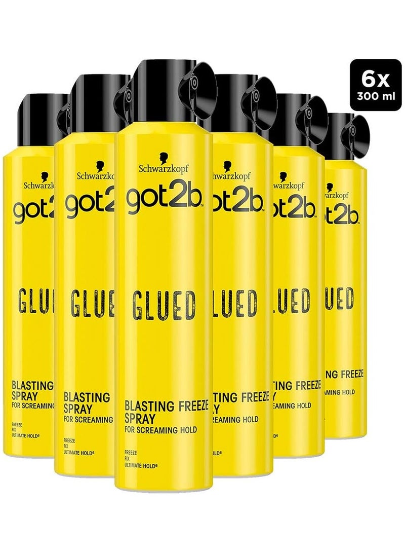 Got2b Glued Hairspray, Blasting Freeze Spray, Strong Hold Hairspray for Up to 72 Hours, Vegan, Silicone Free, 300ml pack of 6
