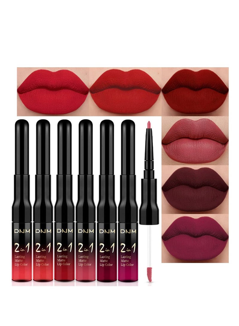 6 Pack  Matte Mist Lip Glaze, Dark Red Matte Lip Liner Pencil and Liquid Lipstick, Waterproof Lip Liner and with Lipstick, 24 Horas Long Lasting, Suitable for Women