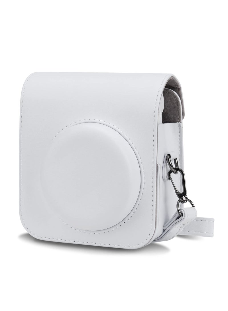 PU Leather Camera Case Compatible with Instax Mini 12 Instant Camera with Adjustable Strap and Pocket White Storage Bag