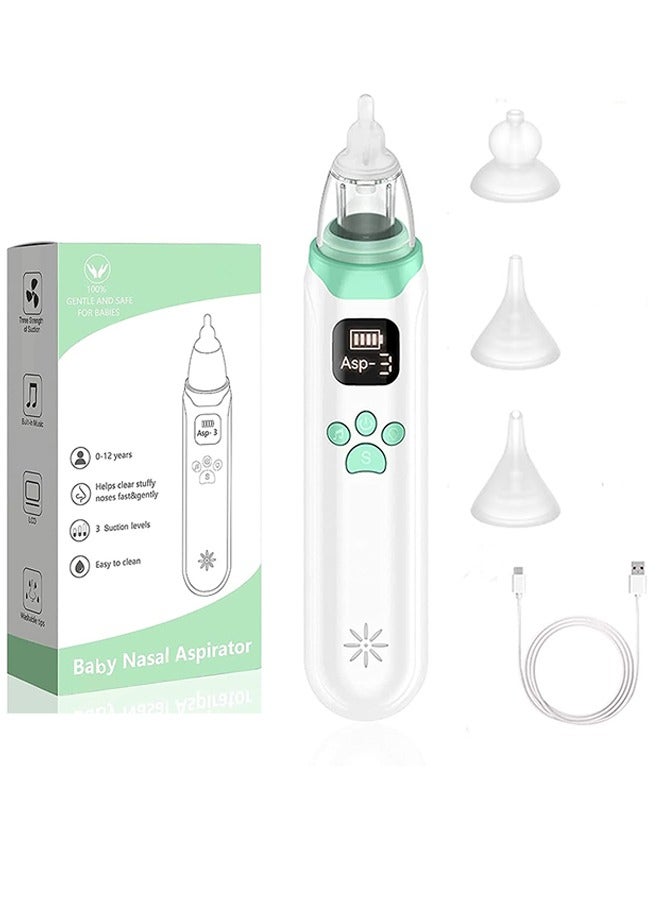 Electric Nasal Aspirator for Baby Safe/Quick/Hygienic Baby Nose Sucker with Adjustable 3 Levels Suction USB Rechargeable with 3 Silicone Heads Nose Cleaner for Toddlers Music & Light Soothing Function