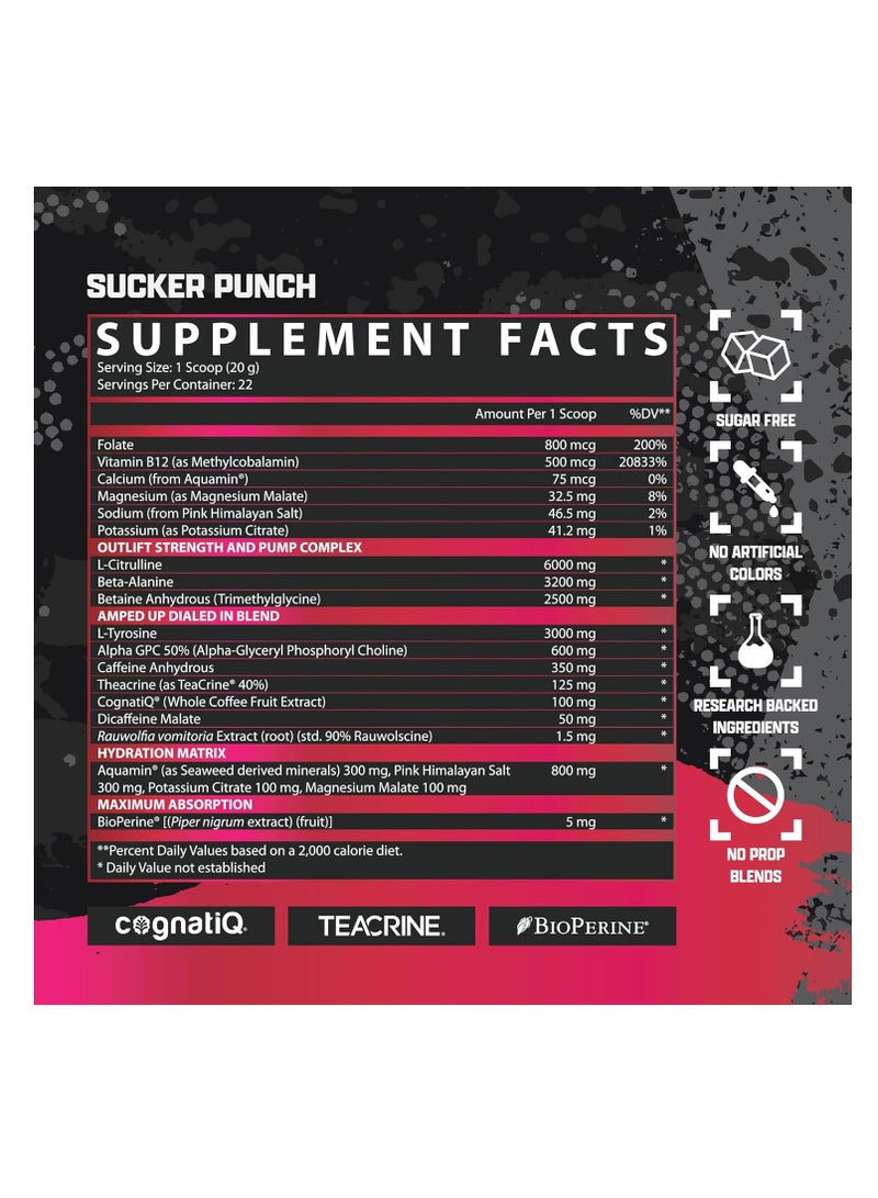 Outlift Amped Max Dosed Pre Workout  Sucker Punch Flavour 22 Serv 434G