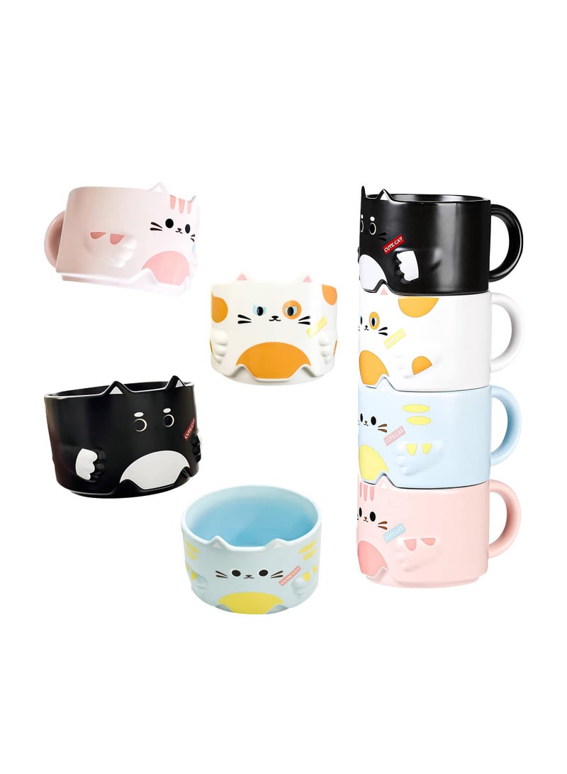Cat Mug Set, Stackable Porcelain Cute Cat Coffee Mug Set, Gifts for Cat Lovers, Funny Coffee Mugs with Cartoon Cat Designs 10 oz for Party, Set of 4