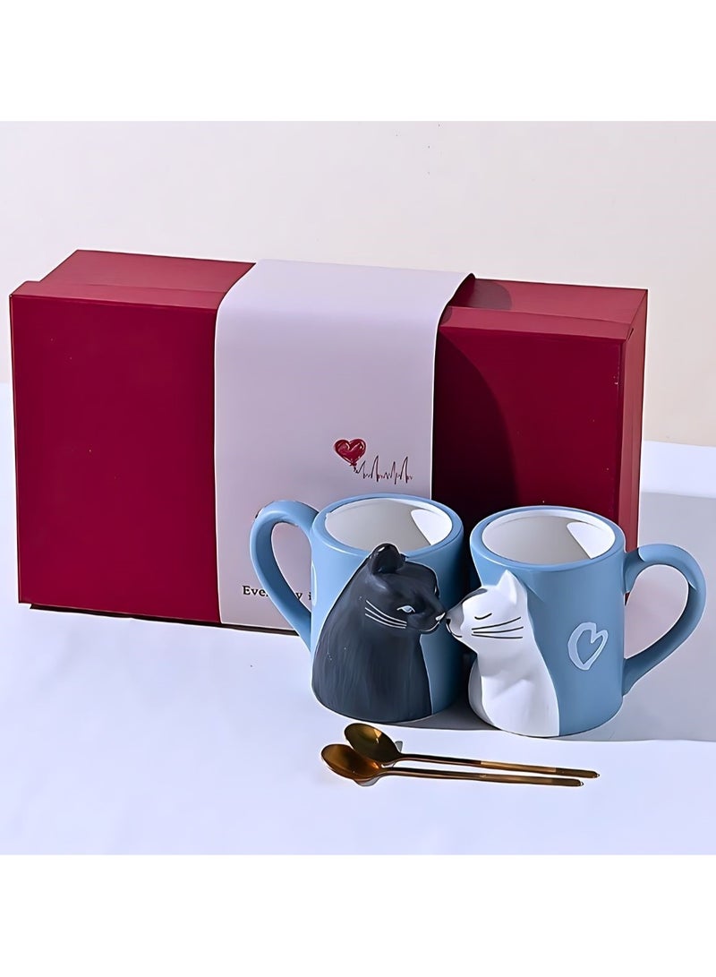 Cat Couple Mug set, Unique Funny Tea Ceramic Cup Set for Bride and Groom, Matching Gift For Birthday, Anniversary, Wedding, Engagement Valentines Day Girlfriend Wife (Cat mug) Red 400ml