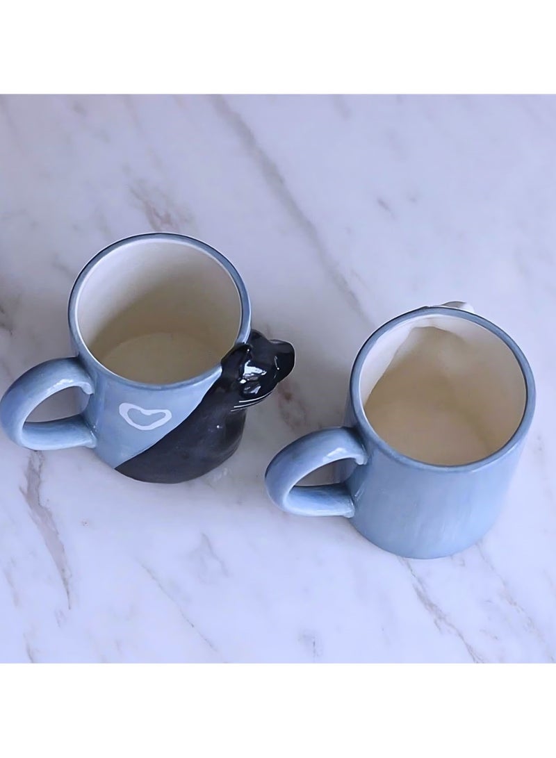 Cat Couple Mug set, Unique Funny Tea Ceramic Cup Set for Bride and Groom, Matching Gift For Birthday, Anniversary, Wedding, Engagement Valentines Day Girlfriend Wife (Cat mug) Blue 400ml