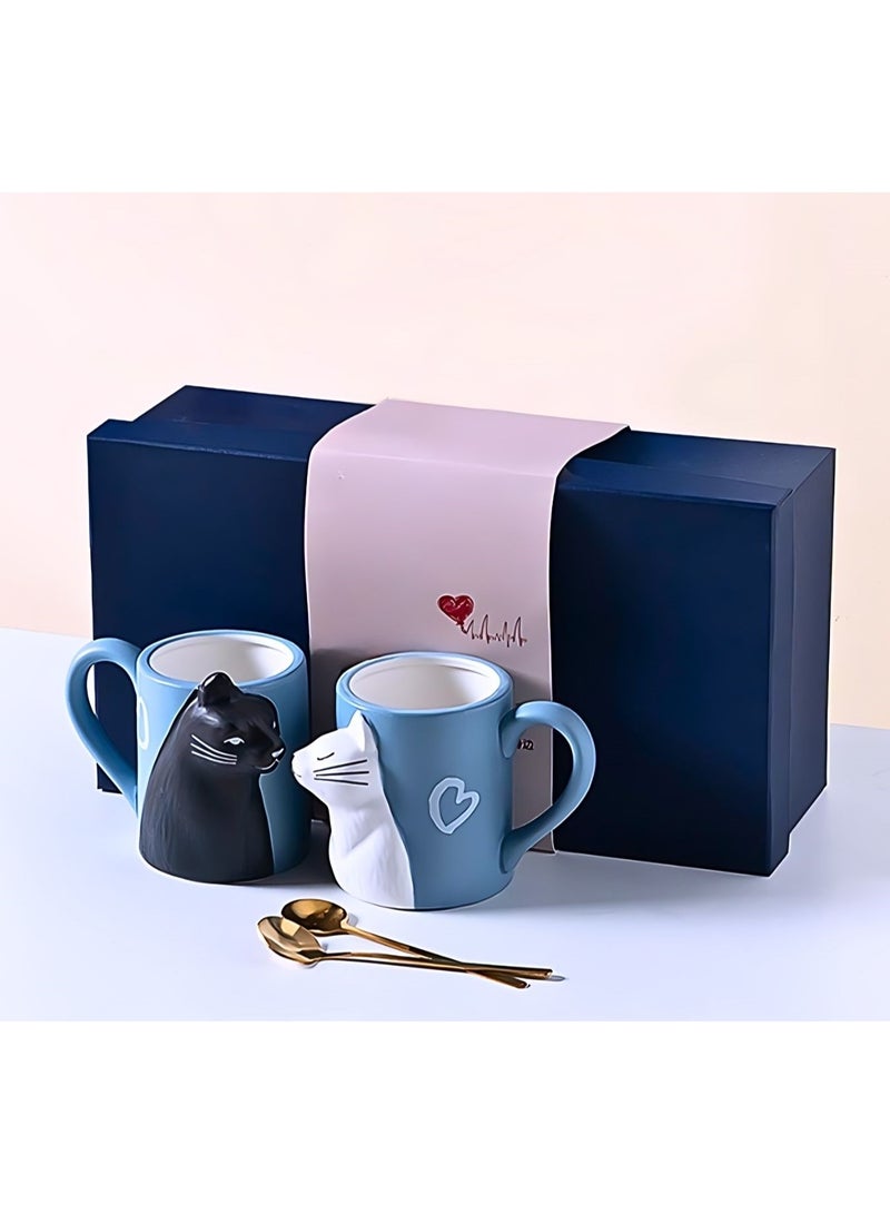 Cat Couple Mug set, Unique Funny Tea Ceramic Cup Set for Bride and Groom, Matching Gift For Birthday, Anniversary, Wedding, Engagement Valentines Day Girlfriend Wife (Cat mug) Blue 400ml