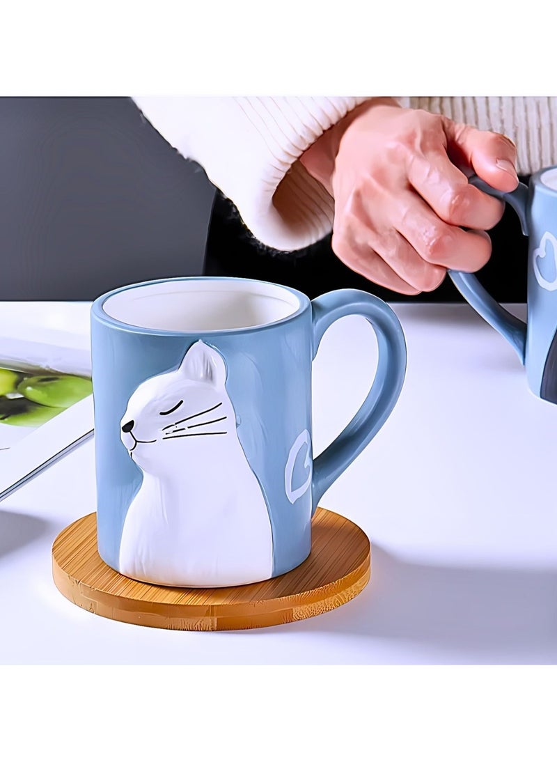 Cat Couple Mug set, Unique Funny Tea Ceramic Cup Set for Bride and Groom, Matching Gift For Birthday, Anniversary, Wedding, Engagement Valentines Day Girlfriend Wife (Cat mug) Blue 400ml