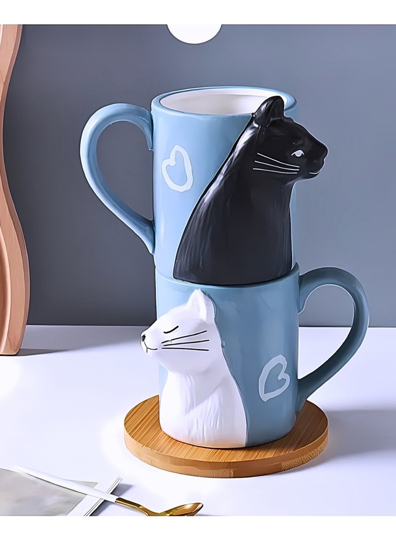 Cat Couple Mug set, Unique Funny Tea Ceramic Cup Set for Bride and Groom, Matching Gift For Birthday, Anniversary, Wedding, Engagement Valentines Day Girlfriend Wife (Cat mug) Blue 400ml