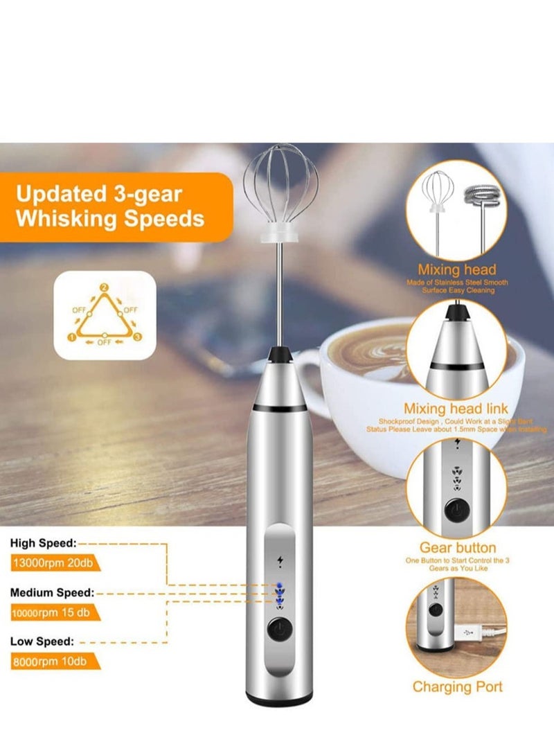 USB Rechargeable Milk Frother Handheld, 3 Speeds Handheld Electric Whisk, Egg Beater with Double Stainless Whisks, Suitable for Coffee, Latte, Cappuccino, Matcha, Hot Chocolate, Egg (Silver)