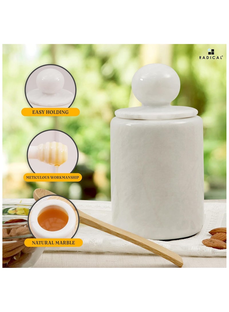 Radicaln Marble Honey Pot 5.5'' Inches White Handmade Honey Jar with Dipper and Lid - Honey Dispenser For Kitchen Tabletop, Mini Honey Jars For Countertop Storage