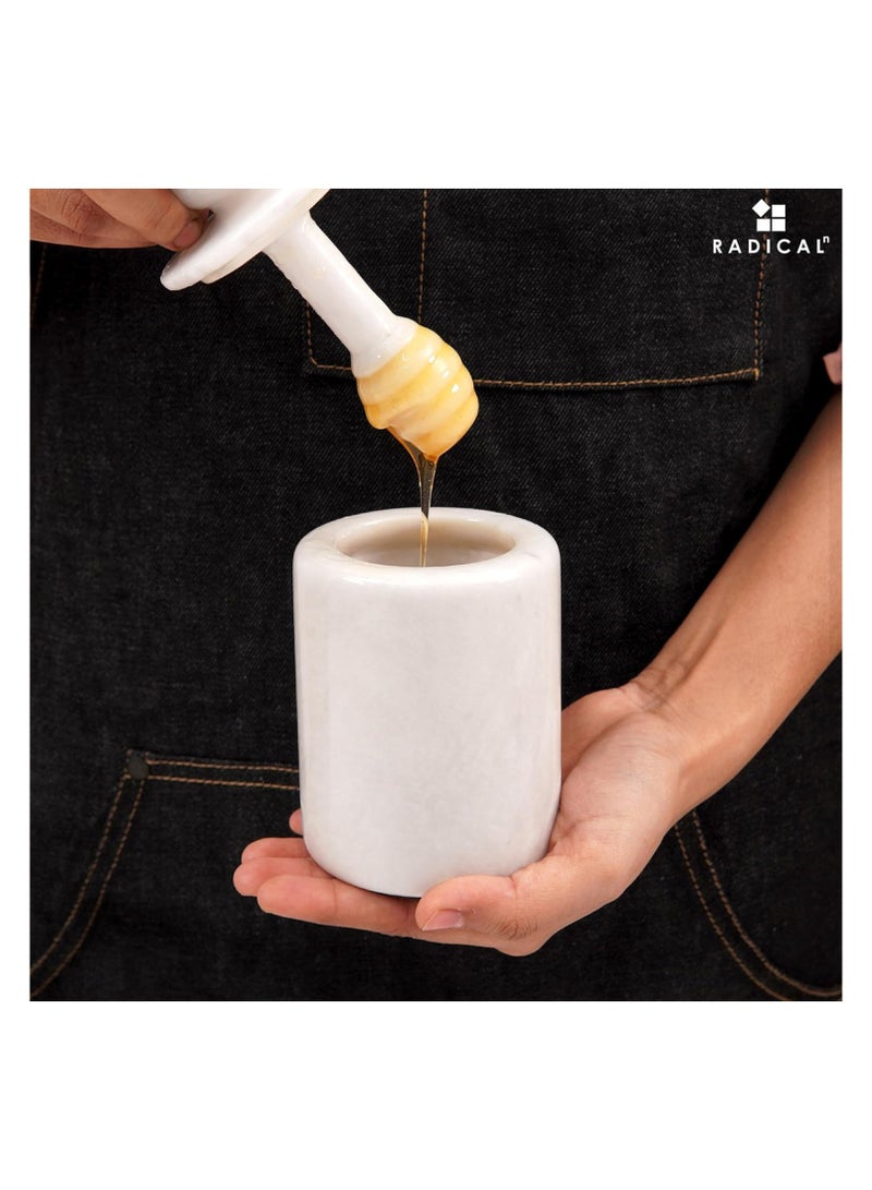 Radicaln Marble Honey Pot 5.5'' Inches White Handmade Honey Jar with Dipper and Lid - Honey Dispenser For Kitchen Tabletop, Mini Honey Jars For Countertop Storage