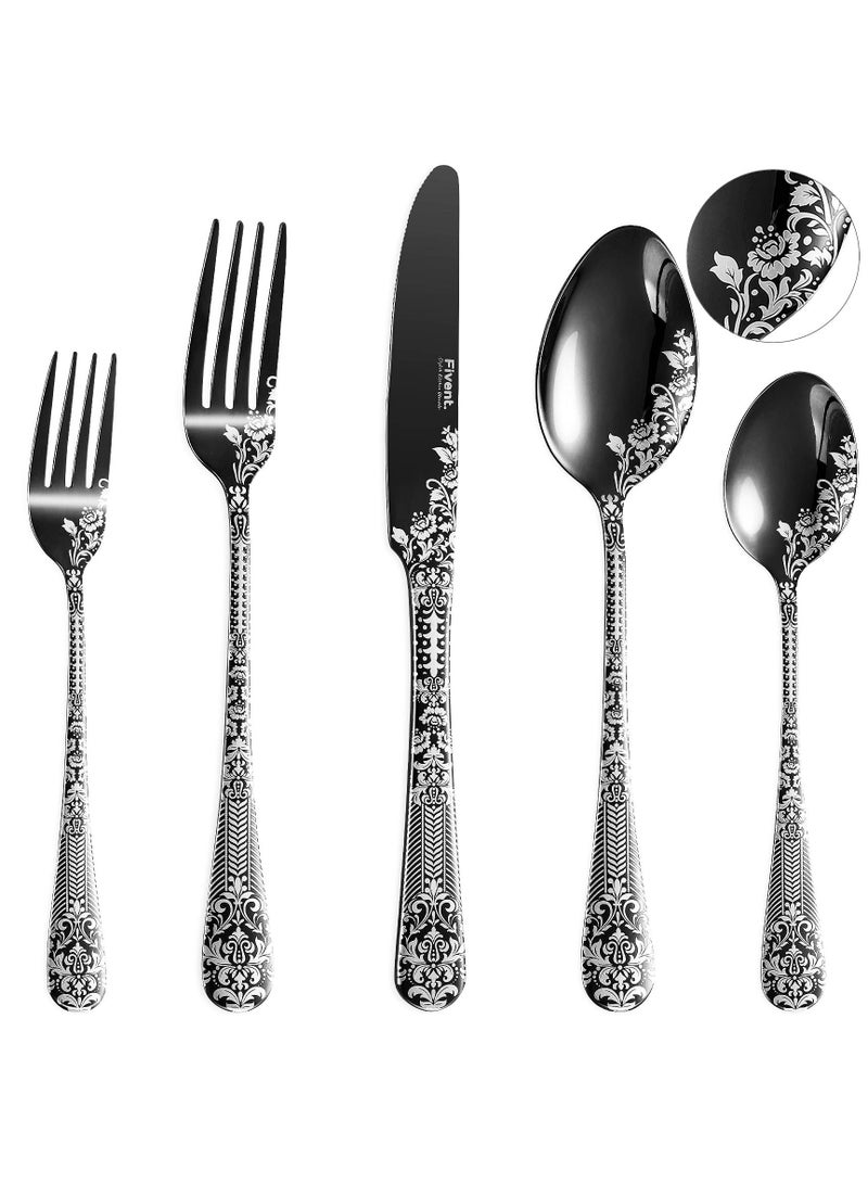 Floral Damask Rose Black Cutlery Set, 20 Pcs Includes 8 x Spoons, 8 x Forks, 4 x Knife, Stainless Steel, Dishwasher Safe, Mirror Polished Tableware, Durable Flatware, Home Kitchen
