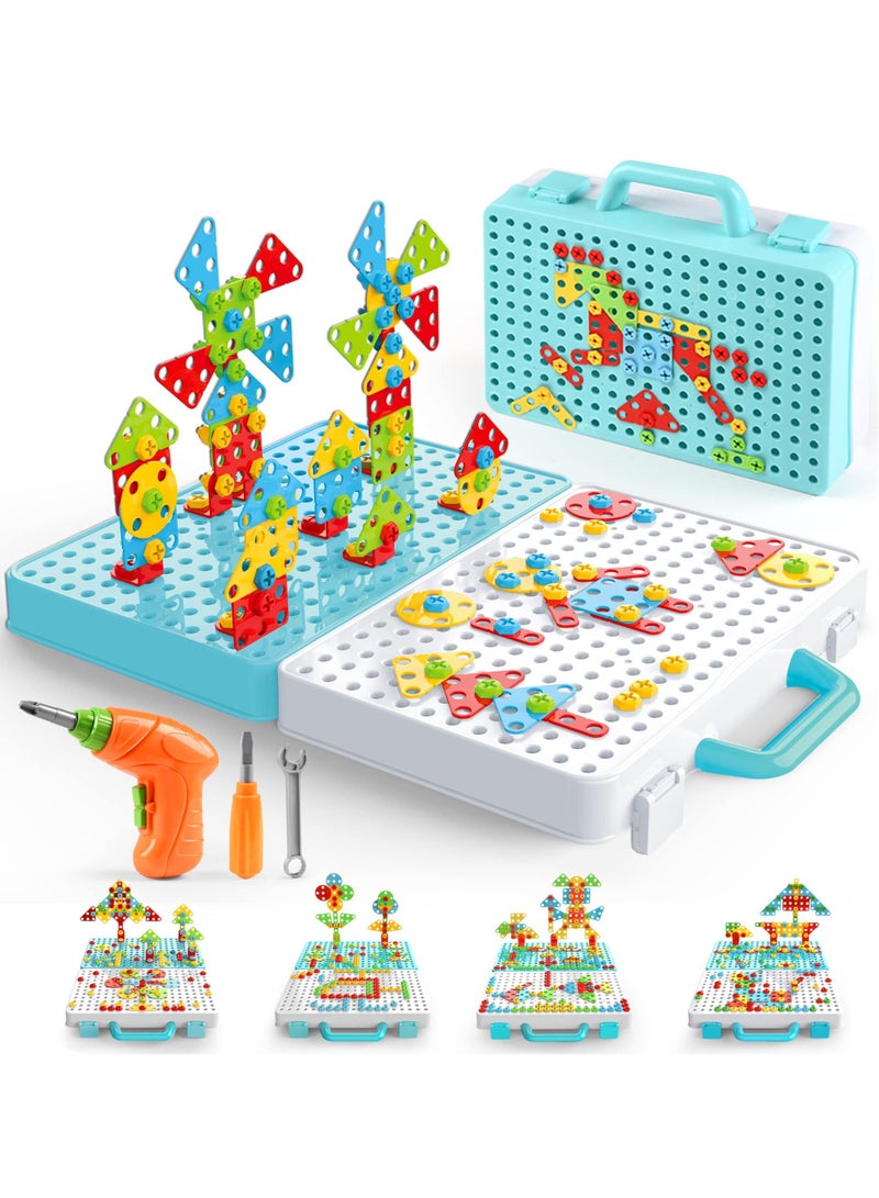 Mosaic Drill Toys Creative Mosaic Puzzle Toy with Electric Drill STEM Learning Toys Construction Engineering Building Block Games with Toy Drill & Screw Driver Tool Set