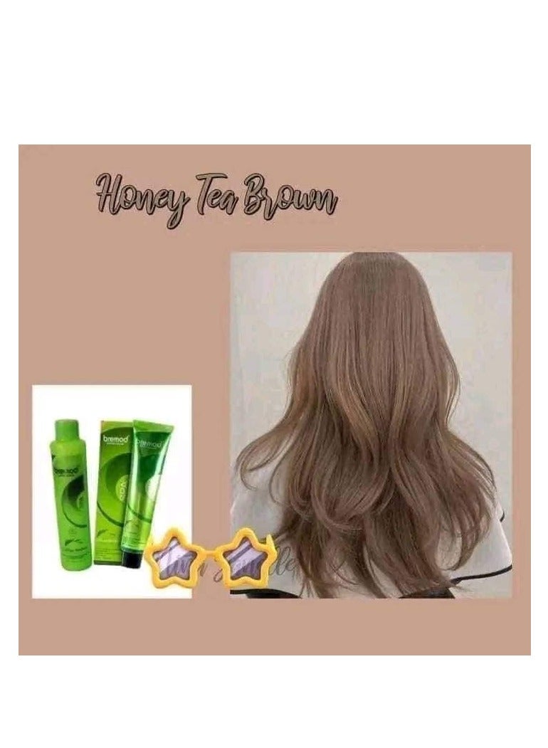Bremod Hair Color Honey Tea Brown 6.17 and Oxidizing Cream Set Get Free Hair Mask