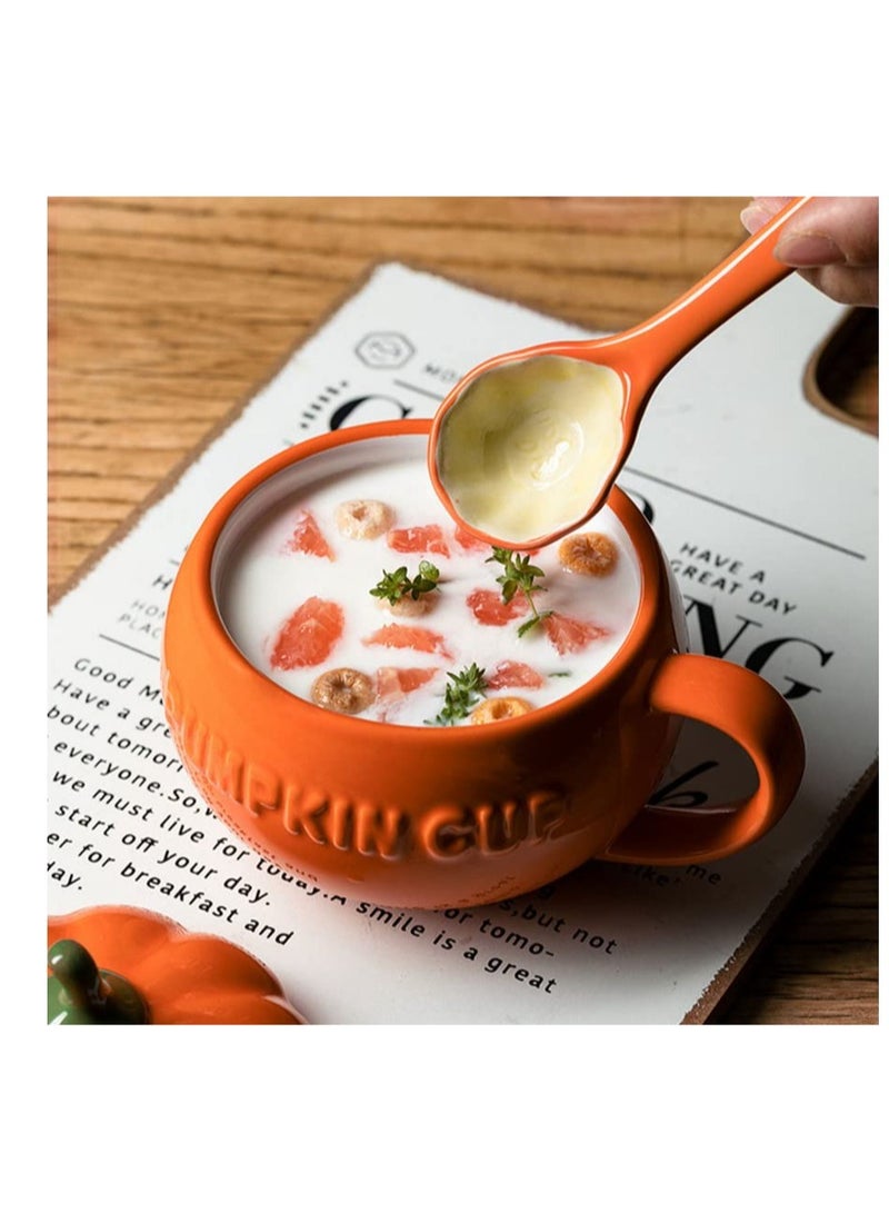 Pumpkin Ceramics Mug, Pumpkin Shape Ceramic Cup, Creative Pumpkin Cup, Coffee Tea Cup, Milk Soup Mug, with Lid Spoon for Spices (Orange)