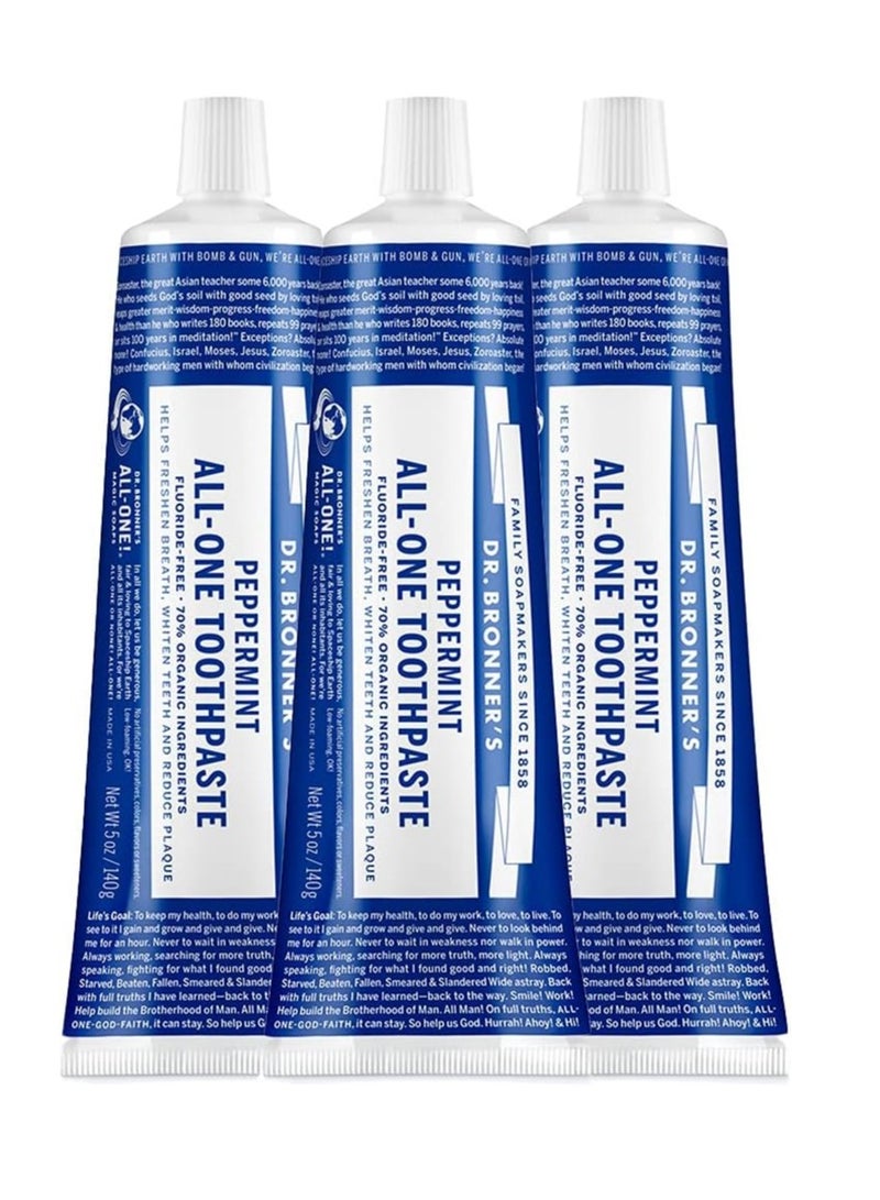 Dr. Bronner’s - All-One Toothpaste (Peppermint, 5 Ounce, 3-Pack) - 70% Organic Ingredients, Natural and Effective, Fluoride-Free, SLS-Free, Helps Freshen Breath, Reduce Plaque, Whiten Teeth, Vegan