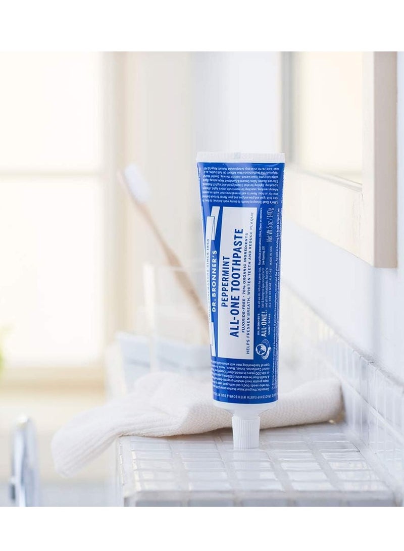 Dr. Bronner’s - All-One Toothpaste (Peppermint, 5 Ounce, 3-Pack) - 70% Organic Ingredients, Natural and Effective, Fluoride-Free, SLS-Free, Helps Freshen Breath, Reduce Plaque, Whiten Teeth, Vegan