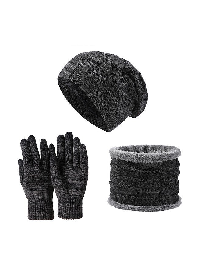 Winter Knitted Beanie Hat and Scarf Gloves Set Thick Fleece Lined Warm Cap Neck Warmer Touchscreen Gloves for Men Women
