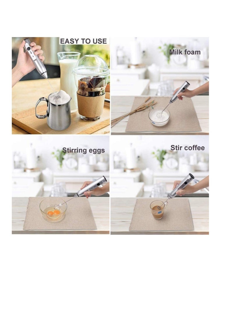 USB Rechargeable Milk Frother Handheld, 3 Speeds Handheld Electric Whisk, Egg Beater with Double Stainless Whisks, Suitable for Coffee, Latte, Cappuccino, Matcha, Hot Chocolate, Egg (Silver)