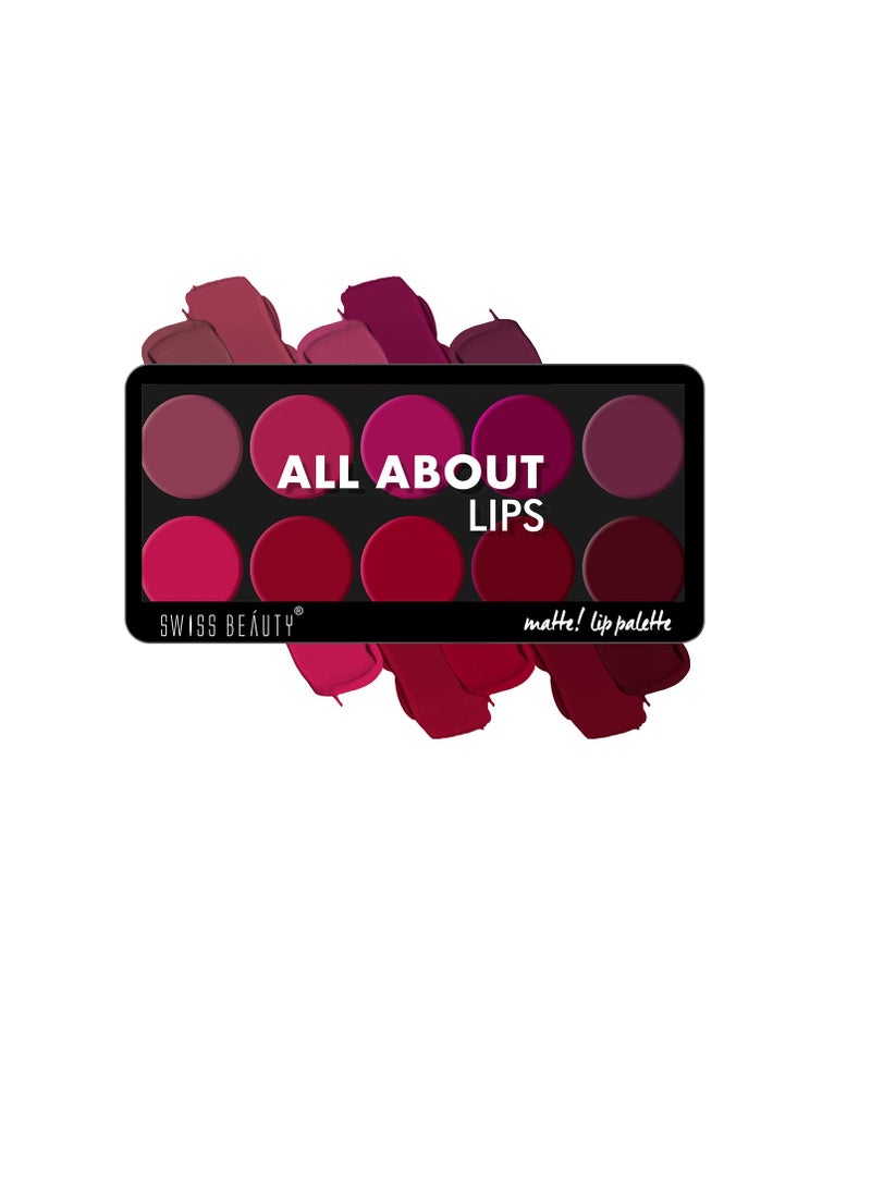 Swiss Beauty All About Lip Palette With 10 Pigmented Colors reamy Matte Finish Lip Colors Lipstick  Travel Friendly Lip Palette  Multicolor 02 12gm