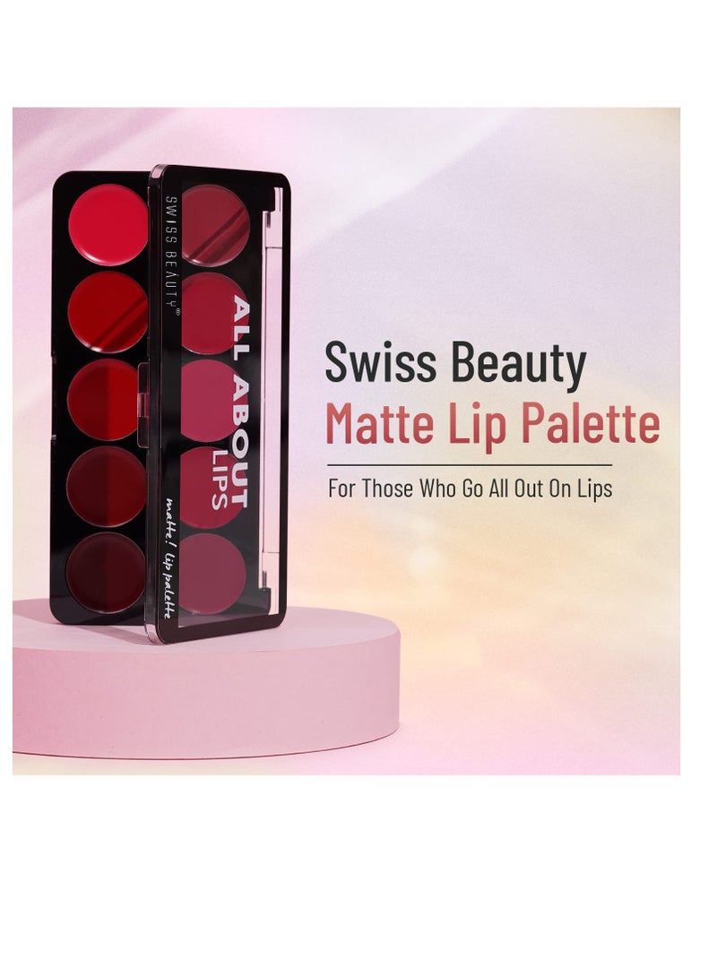 Swiss Beauty All About Lip Palette With 10 Pigmented Colors reamy Matte Finish Lip Colors Lipstick  Travel Friendly Lip Palette  Multicolor 02 12gm