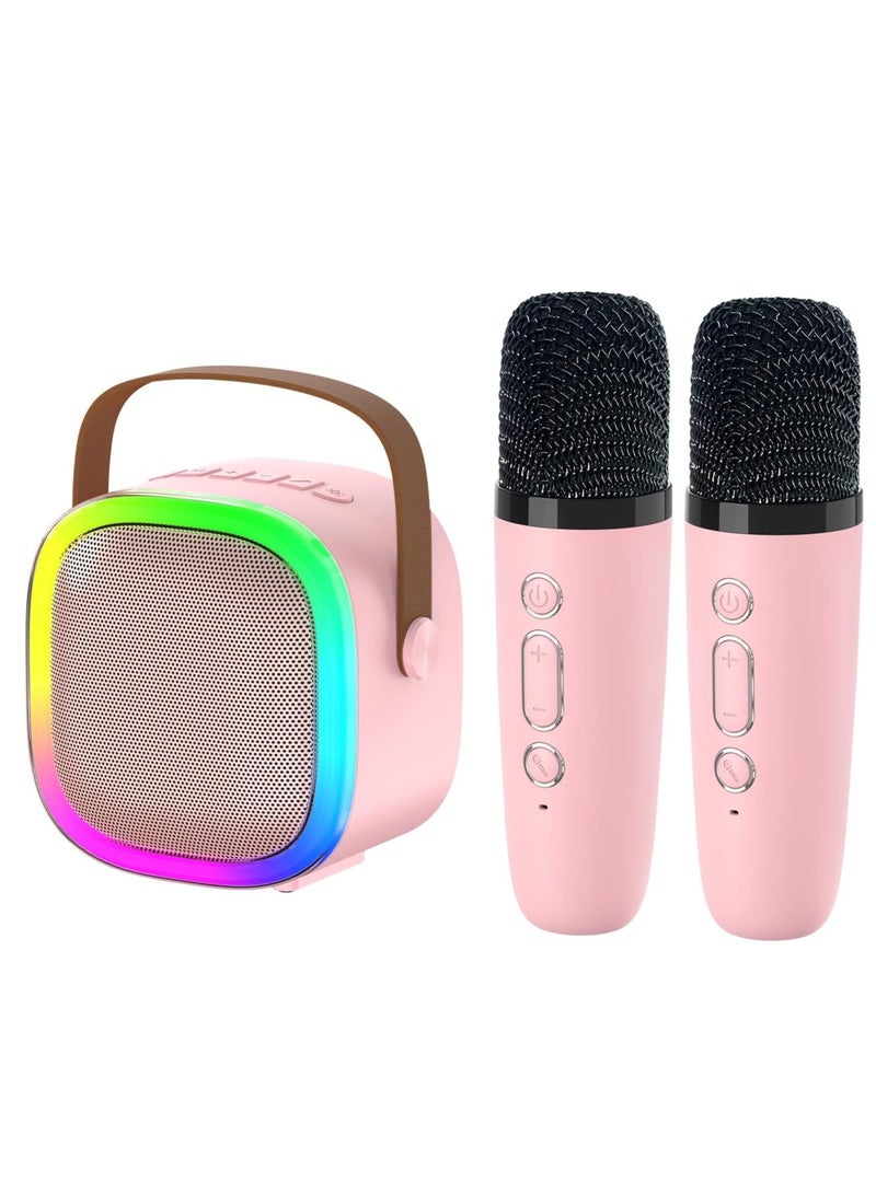 Kids Karaoke Machine Karaoke Microphone Machine Toy with 2 Wireless Microphones Portable Bluetooth Speaker Gift with Colorful Lights for Girls Boys Family Home Party Pink