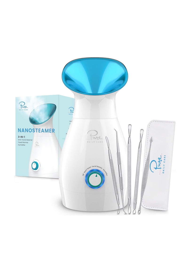 NanoSteamer Large 3-in-1 Nano Ionic Facial Steamer with Precise Temp Control - Humidifier - Unclogs Pores - Blackheads - Spa Quality - Bonus 5 Piece Stainless Steel Skin Kit (Teal)