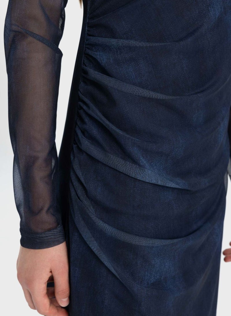 Bodycon Boat Collar Batic Tulle Midi Long Sleeve D