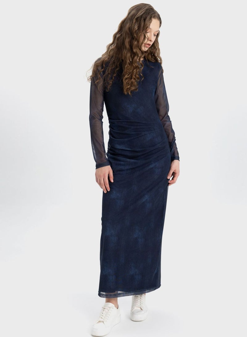 Bodycon Boat Collar Batic Tulle Midi Long Sleeve D