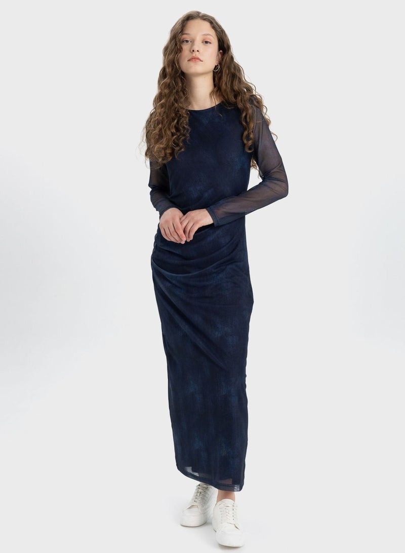 Bodycon Boat Collar Batic Tulle Midi Long Sleeve D