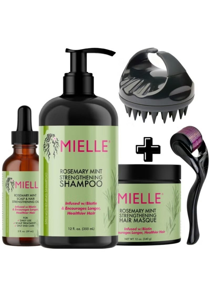 Milee Organics Rosemary Mint Strengthening Full Set 5 - Rosemary Hair Oil, Shampoo, Hair Mask, Derma Ruller and Scrubber - for Hair Growth, Protection & treatment - Infused with Biotin