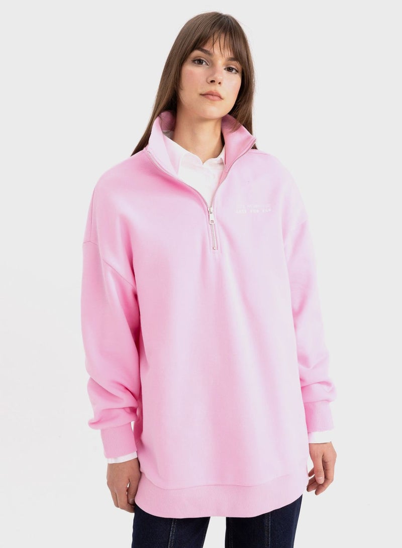 Regular Fit Thick Sweatshirt Fabric Polo Collar Slogan Pattern Sweat Tunic