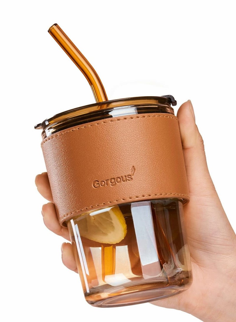 Glass Tumbler with Straw and Lid, 15oz Glass Cup with Leather Protective Sleeve, Reusable Cup for Straw and Direct Drinking Mouth Dual Use