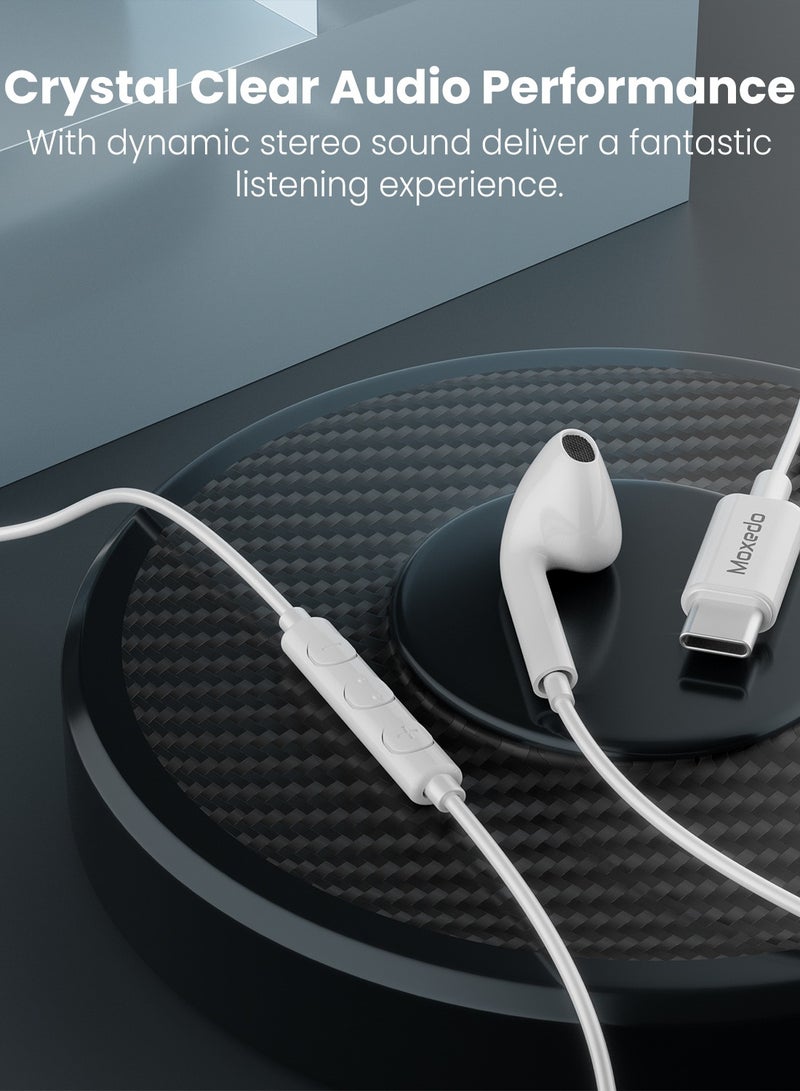 Moxedo Mono Stereo Earphone USB Type-C Connector Earphone with In-Line Remote, Built-in Microphone for iPhone 15, Samsung Galaxy S24 Ultra/S21 Ultra/S20 FE Note 20/10, iPad Pro 2018/Mac Book (White)
