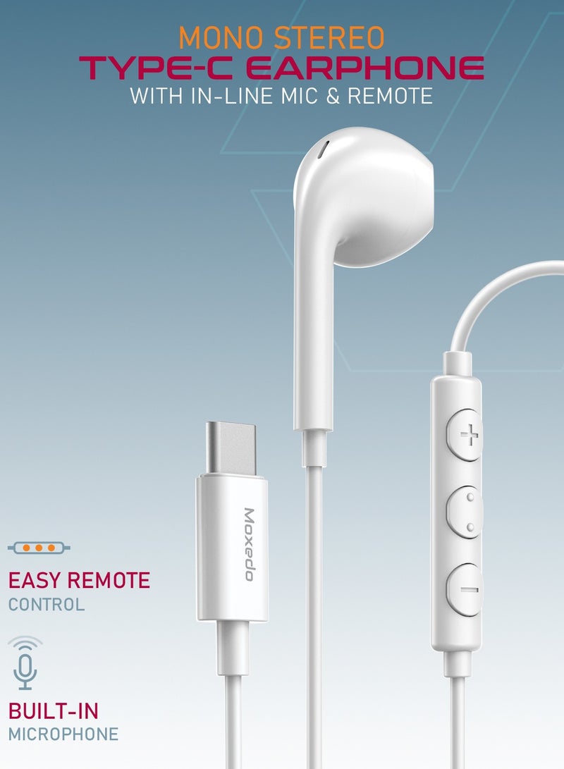 Moxedo Mono Stereo Earphone USB Type-C Connector Earphone with In-Line Remote, Built-in Microphone for iPhone 15, Samsung Galaxy S24 Ultra/S21 Ultra/S20 FE Note 20/10, iPad Pro 2018/Mac Book (White)