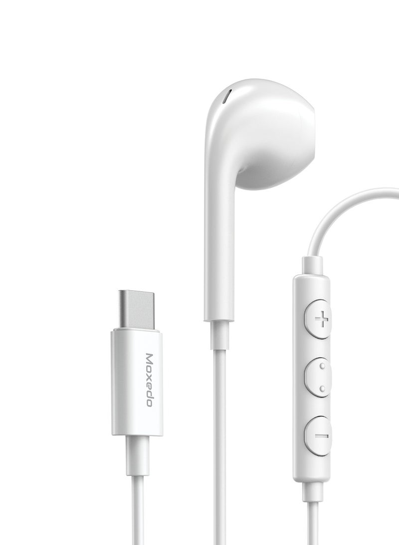 Moxedo Mono Stereo Earphone USB Type-C Connector Earphone with In-Line Remote, Built-in Microphone for iPhone 15, Samsung Galaxy S24 Ultra/S21 Ultra/S20 FE Note 20/10, iPad Pro 2018/Mac Book (White)