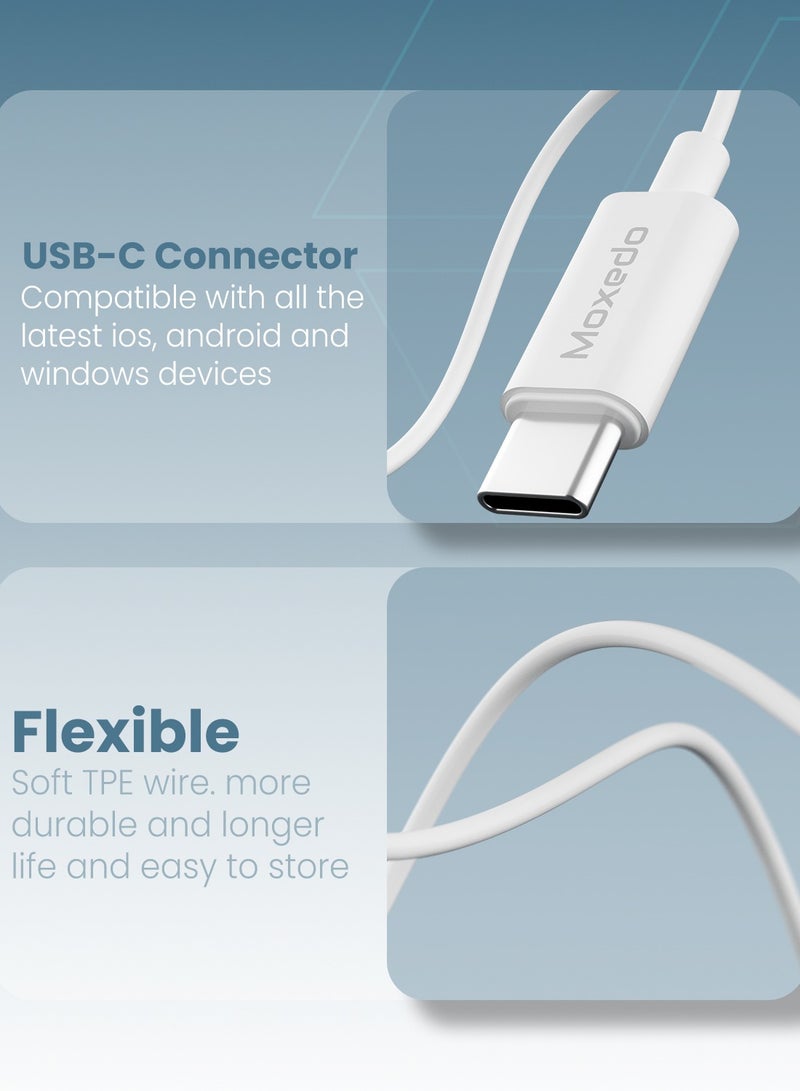 Moxedo Mono Stereo Earphone USB Type-C Connector Earphone with In-Line Remote, Built-in Microphone for iPhone 15, Samsung Galaxy S24 Ultra/S21 Ultra/S20 FE Note 20/10, iPad Pro 2018/Mac Book (White)