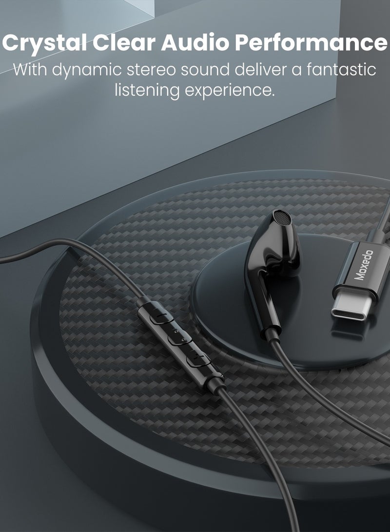 Moxedo Mono Stereo Earphone USB Type-C Connector Earphone with In-Line Remote, Built-in Microphone for iPhone 15, Samsung Galaxy S24 Ultra/S21 Ultra/S20 FE Note 20/10, iPad Pro 2018/Mac Book (Black)