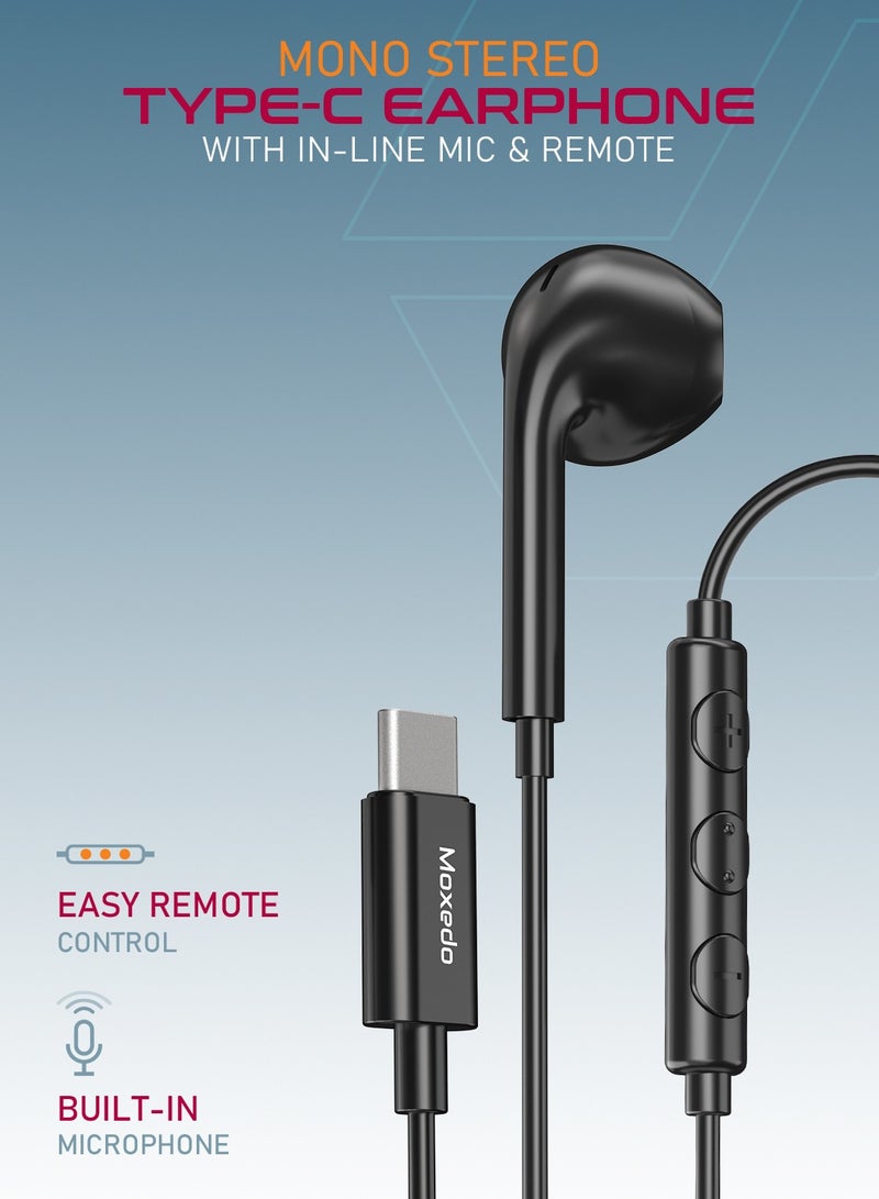 Moxedo Mono Stereo Earphone USB Type-C Connector Earphone with In-Line Remote, Built-in Microphone for iPhone 15, Samsung Galaxy S24 Ultra/S21 Ultra/S20 FE Note 20/10, iPad Pro 2018/Mac Book (Black)