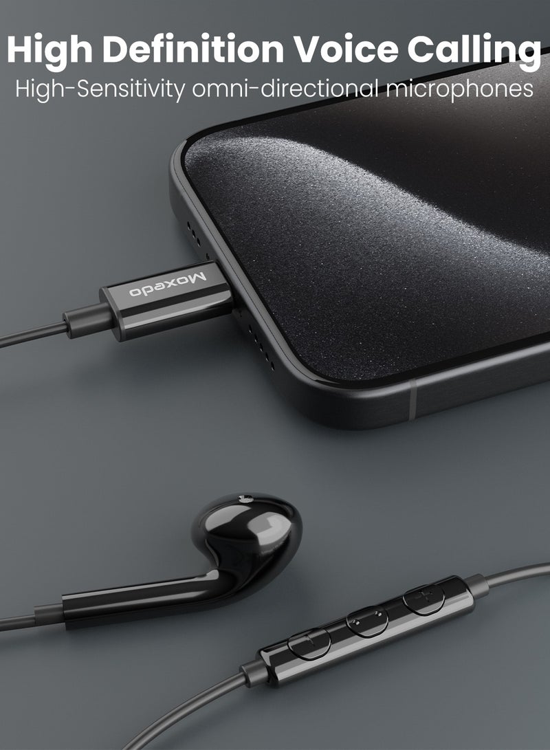 Moxedo Mono Stereo Earphone USB Type-C Connector Earphone with In-Line Remote, Built-in Microphone for iPhone 15, Samsung Galaxy S24 Ultra/S21 Ultra/S20 FE Note 20/10, iPad Pro 2018/Mac Book (Black)