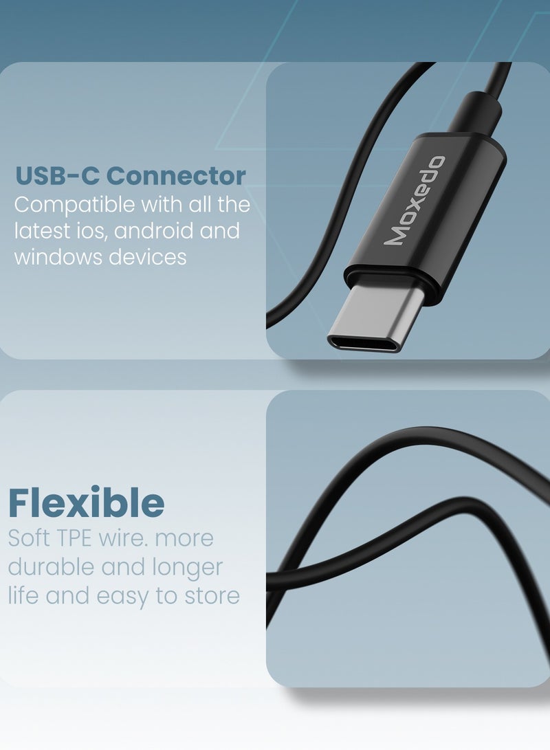 Moxedo Mono Stereo Earphone USB Type-C Connector Earphone with In-Line Remote, Built-in Microphone for iPhone 15, Samsung Galaxy S24 Ultra/S21 Ultra/S20 FE Note 20/10, iPad Pro 2018/Mac Book (Black)