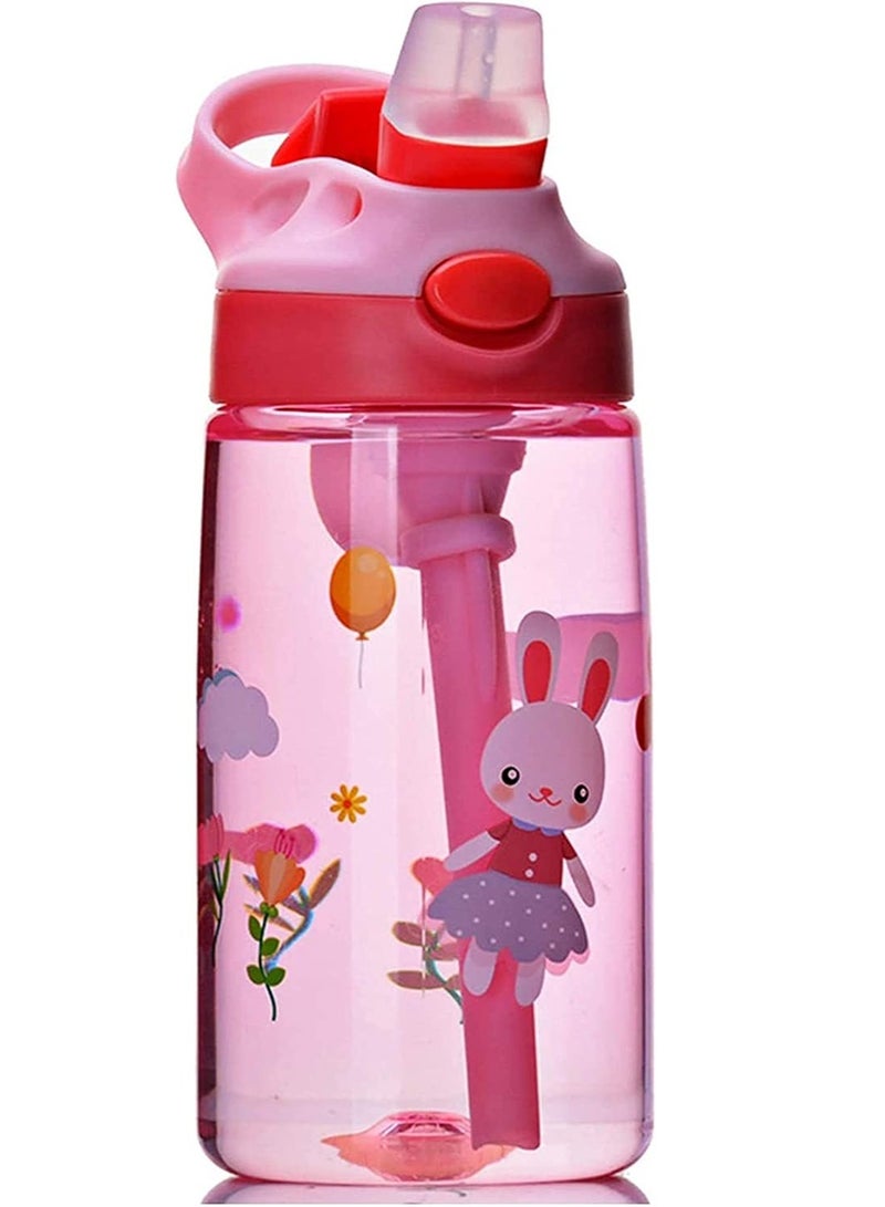 Children's Water Bottle, Cute Toddler Cup with Straw Leak-Proof Button to Open, and Durable Plastic Drinking Suitable for Boys Girls Rabbits Indoor Outdoor