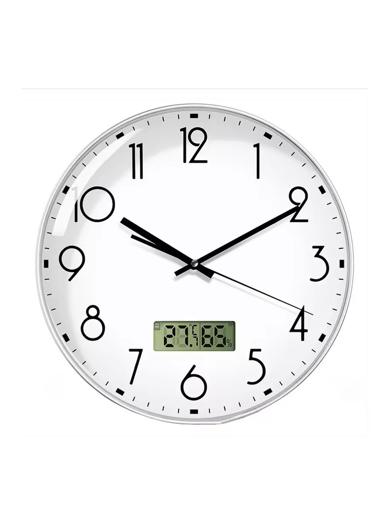 Non-ticking Silent Wall Clock Battery Operated Round 30x30cm Clock With Date & Temperature Display  For Living Room Home Office School