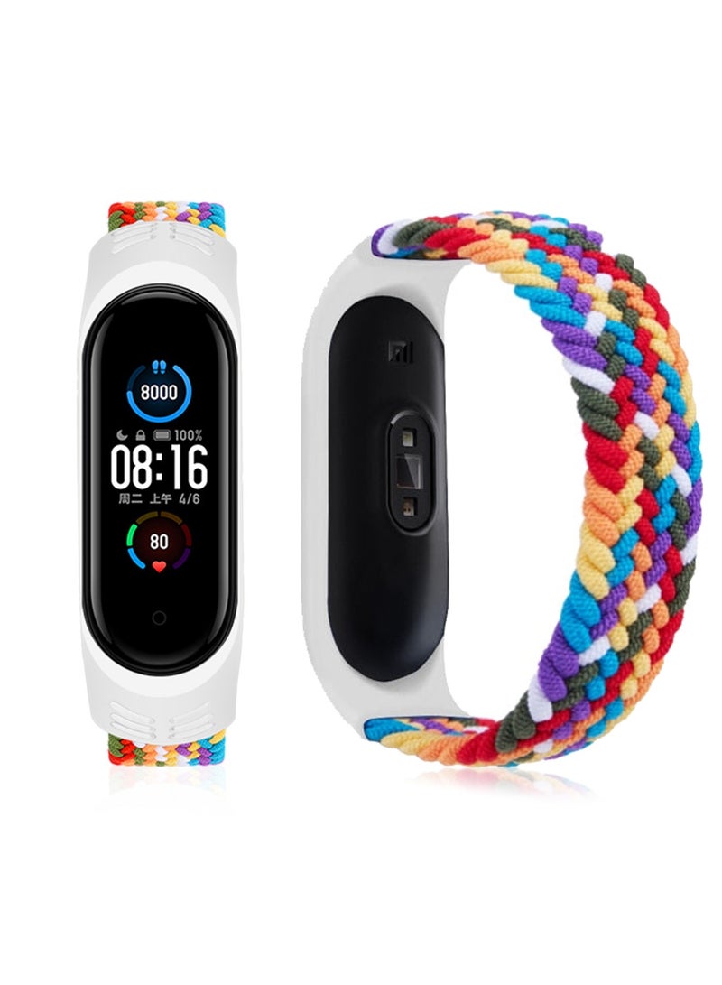 Braided Solo Loop Strap Compatible for Mi band 5 6 Straps, Soft Stretchable Nylon Sport Replacement Band Miband4 Miband5 Wristband For Mi Band 4 3 StrapRainbow, L