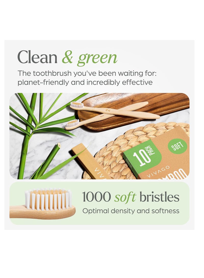 VIVAGO Biodegradable Bamboo Toothbrushes 10 Pack - BPA Free Soft Bristles Toothbrushes, Eco-Friendly, Compostable Natural Wooden Toothbrush