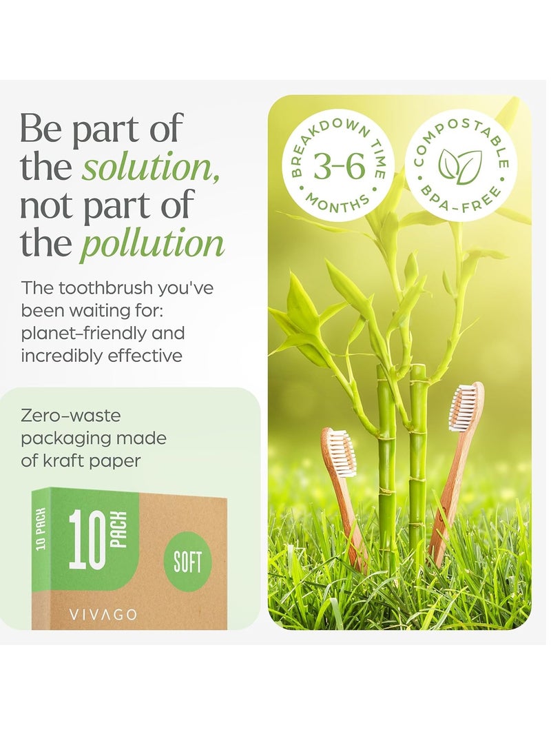 VIVAGO Biodegradable Bamboo Toothbrushes 10 Pack - BPA Free Soft Bristles Toothbrushes, Eco-Friendly, Compostable Natural Wooden Toothbrush