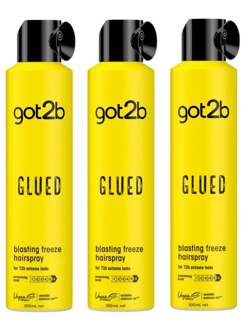 Got2b Glued Hairspray, Blasting Freeze Spray, Strong Hold Hairspray for Up to 72 Hours, Vegan, Silicone Free, 300ml pack of 3