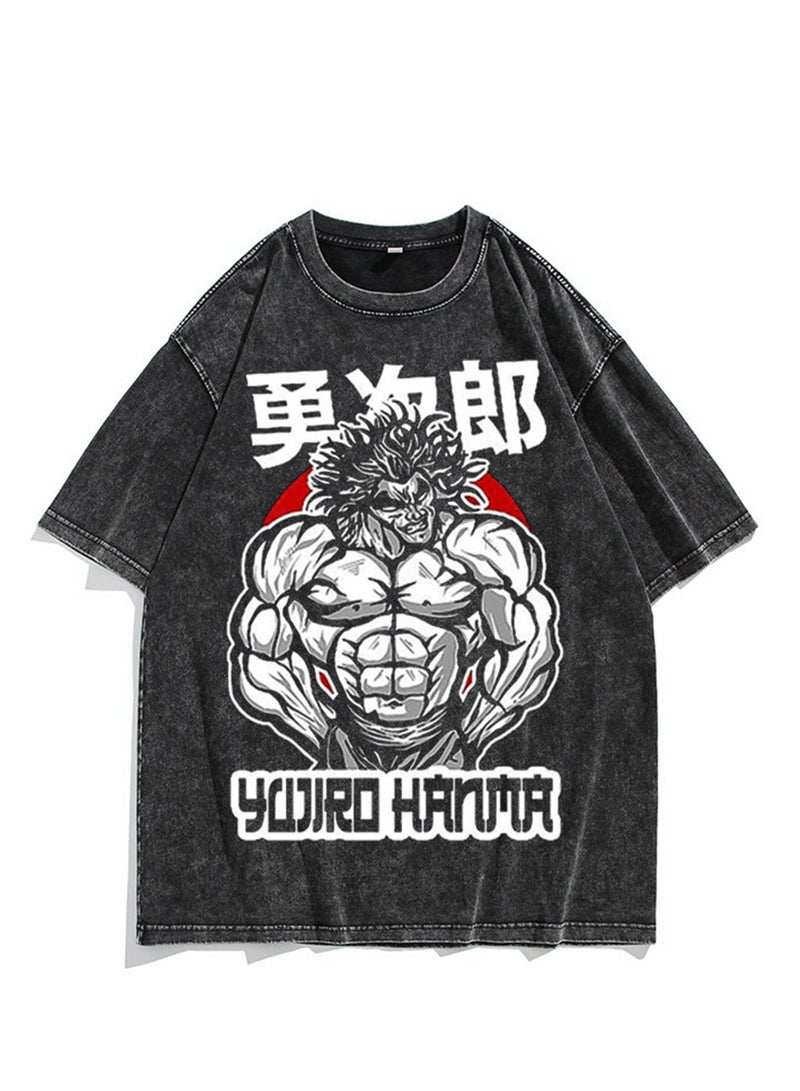 Washed retro T-shirt street hip hop anime Baki Hanma casual cotton summer short sleeves