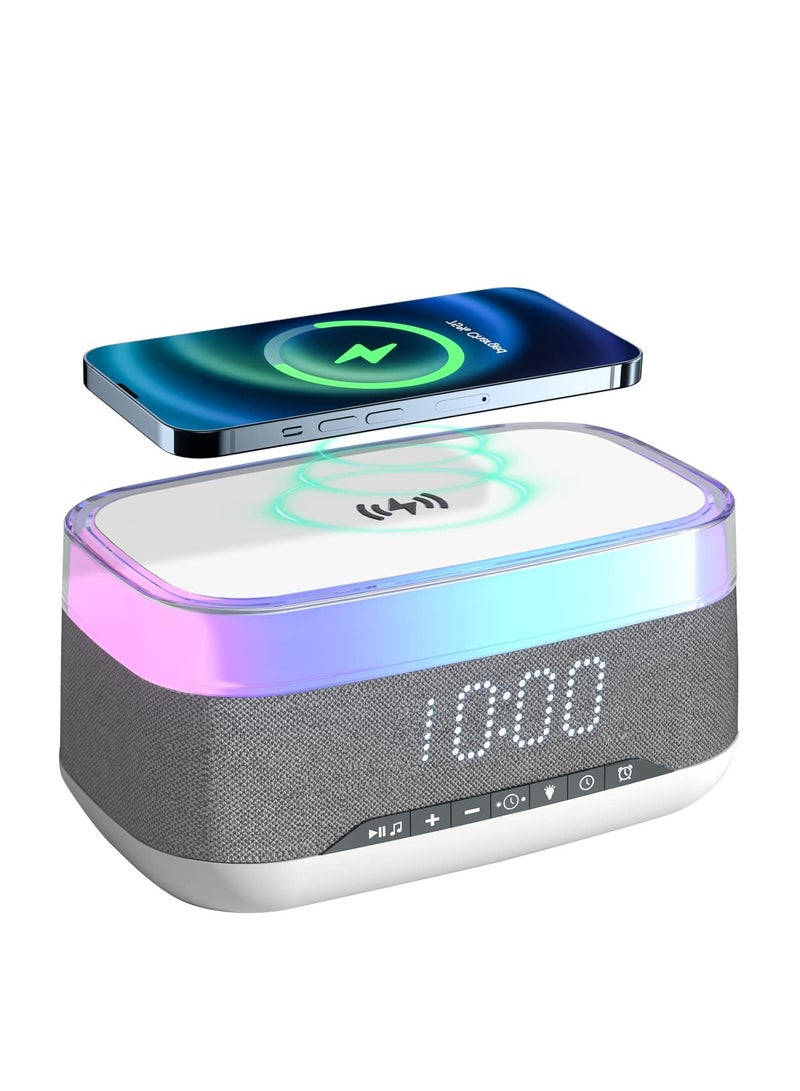 Bluetooth Speaker with Digital Alarm Clock, Fast Wireless Charger, All-in-One Digital Alarm Clock with 7-Color Night Light, 3 Level Dimmer, 12/24H Format & Adjustable Volume, for Bedroom, Desk