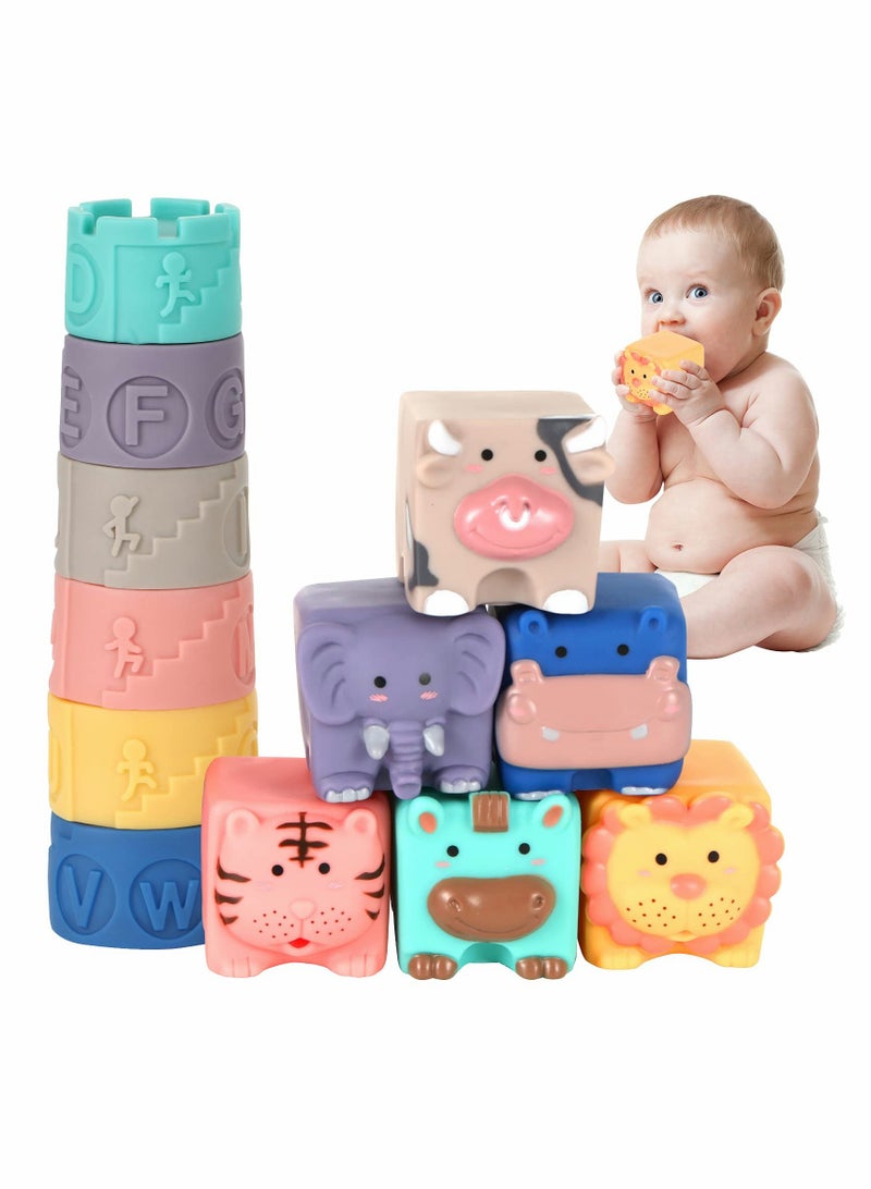 Soft Baby Blocks 6 to 12 Months and Up, 12 Pcs Sensory baby stacking toys Babies Bath Toy, Infant Stacking Cup, Building Blocks for Boys& Girls Teething Toy Play, Activity Gym, Animal Squeeze Block Se