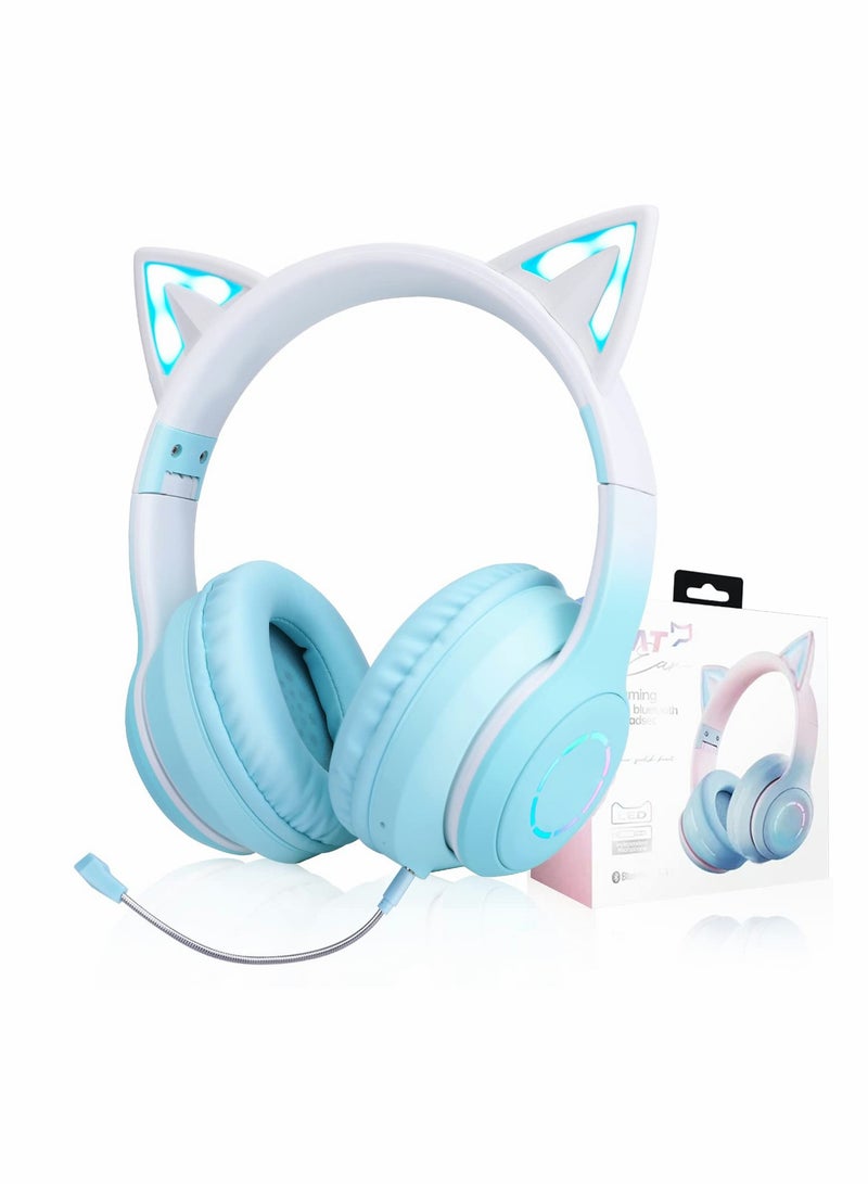 Cat Ear Kids Bluetooth Headphones for Girls for School Wired Gaming Headset with Microphone Jack Adjustable Headband Teens Toddlers Wireless Earphones for Tablet or PC